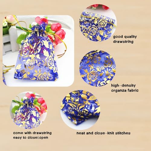 Image of QIANHAILIZZ 100 pcs 3.5 x 4.7 Inch Flower Heart Organza Jewelry Gift Pouch Candy Pouch Drawstring Wedding Favor Bags X92 (royalblue gold flower)
