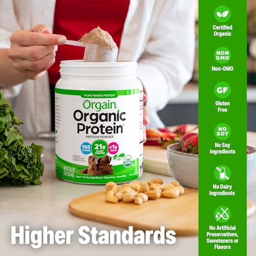 Image of Orgain Organic Vegan Protein Powder, Creamy Chocolate Fudge - 21g Plant Protein, 7g Prebiotic Fiber, Low Net Carb, No Lactose Ingredients, No Added Sugar, Non-GMO, For Shakes & Smoothies, 1.02 lb