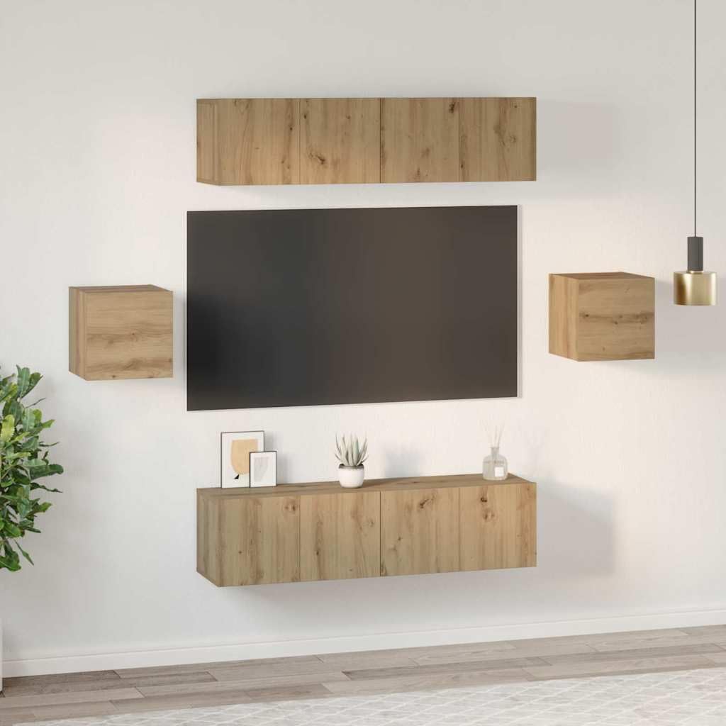 Mueble de pared para TV, 6 piezas, roble Artisan, madera, pared con bisagras, mueble de medios para sala de estar o cine en casa, 60 x 30 x 30 cm