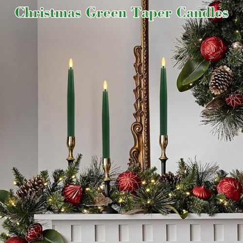 Image of Christmas Green Flameless Taper Candles with Remote, Real Wax LED Taper Candles Battery Operated with 3D Wick, 3 Pcs Flameless Candlesticks for Christmas Home Decor(0.78 inch x 9.65 inch)