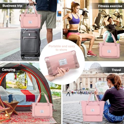 Image of Large Capacity Folding Travel Tote Bag, Oxford Fabric Waterproof Lightweight Foldable Travel Duffel Bag, Portable Expandable Travel Bag, Dry and Wet Separation Carry On Bag for Airplanes (bright pink)