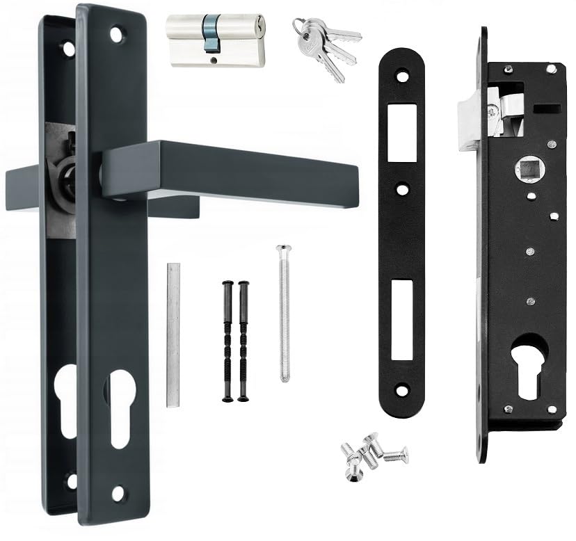 QRS Gartentor-Set Aluminium-Türgriff mit Federunterstützung 90PZ Graphit RAL7016 Schloss 90/22 Zylinder 30/30 Türgriff-Set für Gartentor