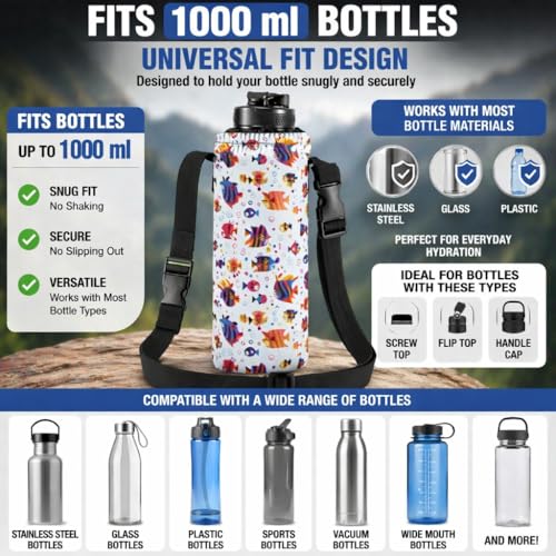 Image of 1 Litter Neoprene Water Bottle Carrier Bag with Adjustable Shoulder Strap,Insulated Water Bottle Cover for Stainless Steel /Glass /Plastic Bottles (Colorful Fish)