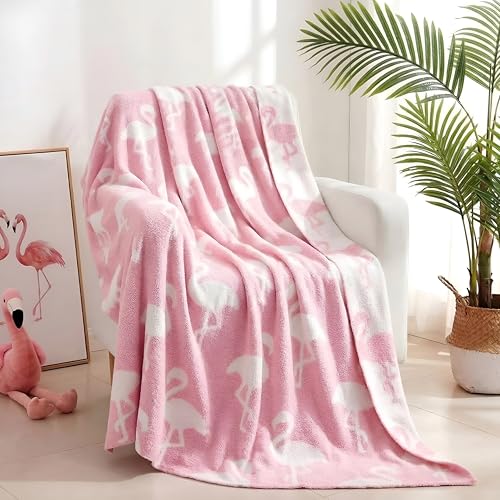 CrystalSylara Flamingo Throw Blanket Pink Microfiber Soft Reversible Knitted Fluffy Blanket for Women Girls Cozy for Couch Sofa Bed Living Room Decor 50 x 60