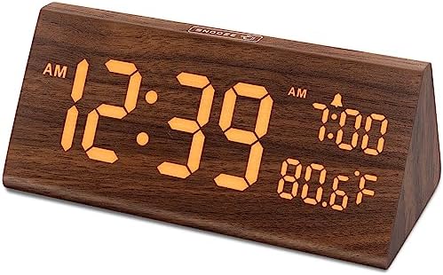 DreamSky Wooden Digital Alarm Clock for Bedroom - 7.7" Electric Clocks with 2 USB Ports, Large Numbers, Temperature, 0-100% Brightness Dimmer, Adjustable Alarm Volume, Snooze, 12/24H