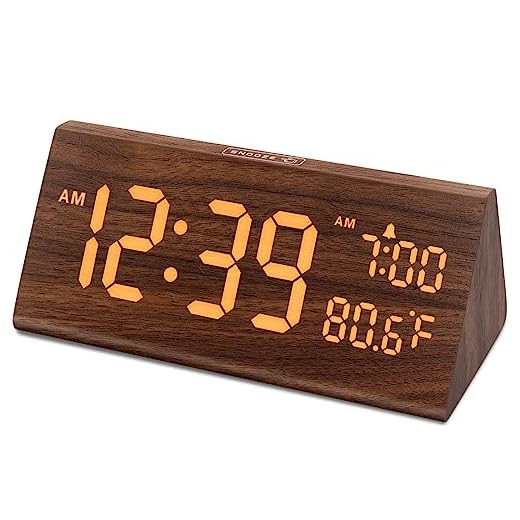 DreamSky Wooden Digital Alarm Clock for Bedroom - 7.7" Electric Clocks with USB Port, Large Numbers, Temperature, 0-100% Brightness Dimmer, Adjustable Alarm Volume, Snooze, 12/24H