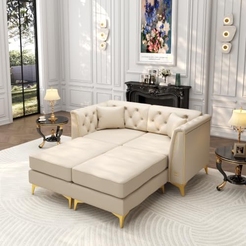 Image of KEIKI 62 inch Faux Leather Chesterfield Sofa with Handmade Button Tufted, Beige