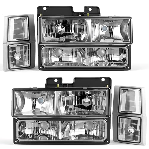 AUTOSAVER88 Headlight Assembly Compatible with 1994-1999 Chevy C/K Series C1500 C2500 C3500 K1500 K2500 K3500 Tahoe Suburban Silverado Crystal Headlamp w/Corner and Bumper Light Chrome Housing