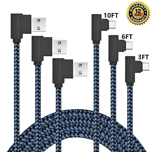 90 Degree USB C Cable 10FT Type C Cable Right Angle 3 Pack Type C Charger Nylon Braided Long Cord Compatible with Samsung Galaxy S9 S8 Note 8,Pixel,LG V30 G6 G5,Moto Z (3/6/9 Blue&Black) -  BLUELEC