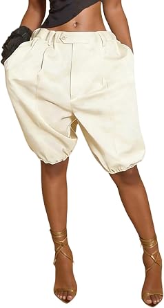 LKOUS Bermuda Shorts for Women Casual Baggy Lightweight Elastic Waist Knee Length Lantern Shorts with Pockets