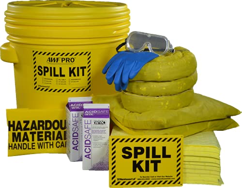 Image of AWF PRO 20 Gallon Battery Acid Spill Kit, 59 Pieces | Includes DOT Approved 20 Gallon Drum, Sorbent Socks, Pads, & Pillows, & Accessories
