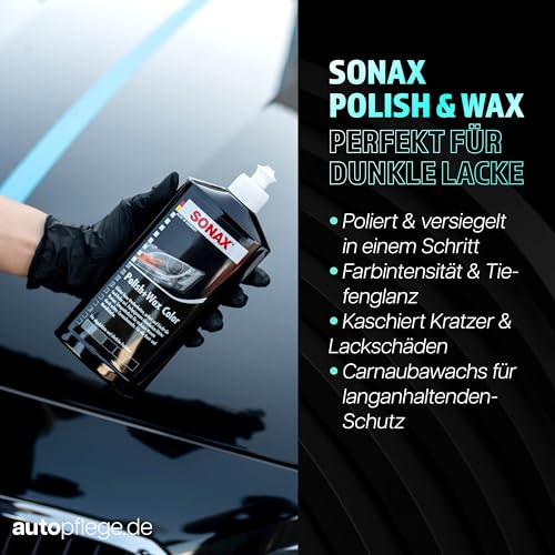 Auto Politur Set | Sonax Polish & Wax Color Schwarz 250ml Autopolitur + Polierschwamm + Poliertuch | Polierpaste für dunkle Metalliclacke zur Entfernung kleiner Kratzer | Polierset