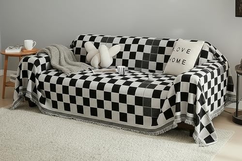 Image of The Furnishing Tree 3 Seater Reversible Chenille Sofa Cover, Double-Sided Luxury Throw, Anti-Slip Couch Cover, Soft & Comfortable Sofa Towel for All Seasons, Checkerboard