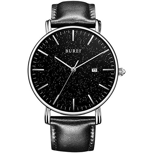 BUREI Men's Fashion Minimalist Wrist Watch Analog Date with Leather Strap