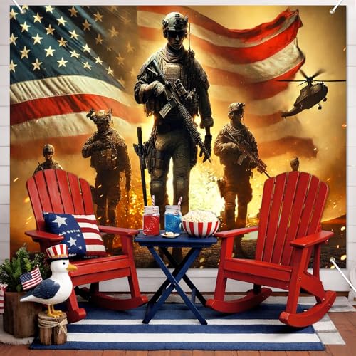 Image of BlissYard 4th of July Backdrop Thank You Veterans Banner 8x6ft Patriotic Soldier American Flag Decorations for Memorial Day Veterans Day Independence Day Party
