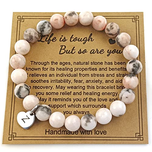 Image of Handmade Alphabet Letters Love Heart Charm Pendant Healing Natural Gemstones 8mm Rose Pink Zebra Jasper Beads Stretched Beaded Bracelet,Anxiety Pain Stress Strain Fear Relief Beading Bracelets,Love Gift for Mother Grandmother Daughter Wife . (Z)