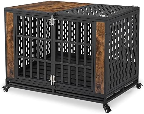 Heodmaem 42 Inch Heavy Duty Dog Crate Furniture, Dog Crates for Large Dogs with Lockable Wheels, Medium Dog Crate Indoor with Removable Tray, Metal Dog Kennel and Dog Cage