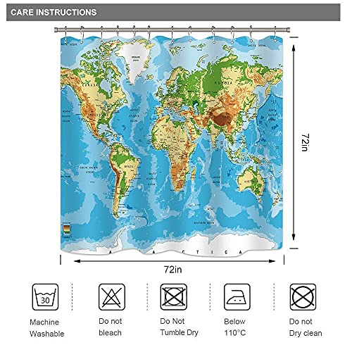 Riyidecor World Map Shower Curtains Geography Countries Capital Cities Blue Earth Textile Decor Bathroom Accessories Set Fabric Polyester Multicolour 72Wx72H Inch Hooks Included #TOP6