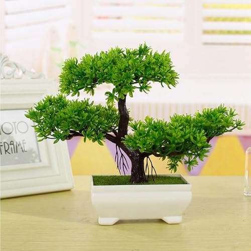 Decoración de árbol de pino de plástico en maceta – Floral artificial realista de 7.3 pulgadas de alto para decoración del hogar, mesa, oficina o tienda (verde/iris/naranja-rojo/morado/rojo/amarillo