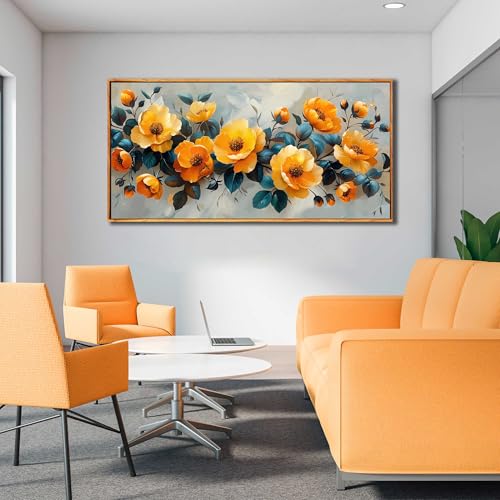 Image of AOZEMI Yellow Wall Art Room Decor Flower Art | Blue Home Decorations for Kitchen Living Room in Wall Pictures Modern Artwork 59 inchL x 29 inchW