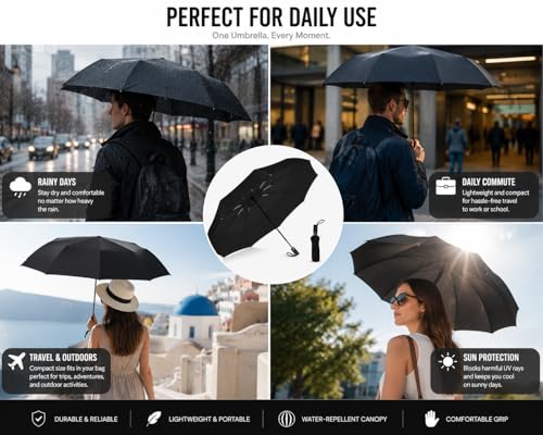 Image of BENAVJI Portable Foldable Automatic Umbrella for Men & Women | Windproof & Waterproof Travel with Anti-Slip Handle & Wrist Strap | Compact