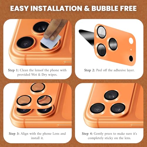 Image of ArmourPro Camera Lens Protector for iPhone 17 Pro Max 6.9-Inch, Full Coverage 9H Tempered Glass Ring Cover, Matte Metal Plate, Case Friendly | Orange, Pack of 1
