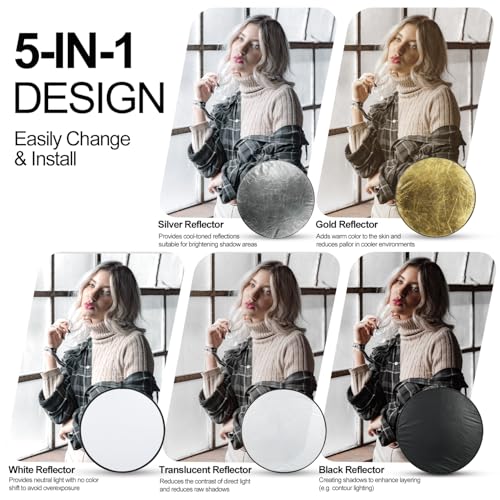 EMART 43'' 5 in 1 Photo Collapsible Photography Reflector with Bag - Portable Camera Panel for Studio Video,Outdoor Lighting, Indoor Shooting, Portraint -Translucent, White, Silver, Gold, Black