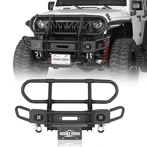 Hooke Road JK Front Bumper Brush Grille Guard for 2007-2018 Jeep Wrangler JK & Unlimited 2 or 4 Doors, Offroad Rock Crawler Bumper with Winch Plate, Bull Bar and D-rings