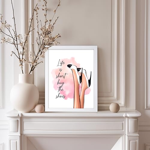 Image of Poster Master Life is Short Buy The Shoes Poster - Fashion Print - Trendy Art - Modern Art - Gift for Her & Fashionista - Luxury Haute Couture Decor for Bedroom or Girls Room, 8x10 White Framed