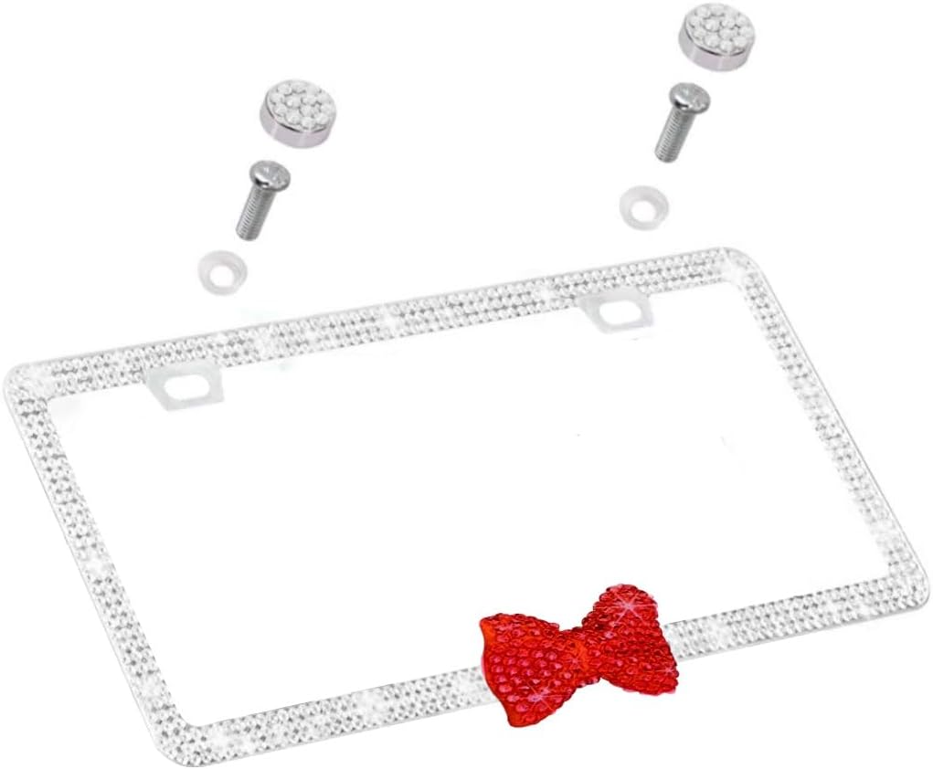 Fashion Car Ultra Bling Fashion License Plate Frame Cover Shiny Especially Brilliant. Stainless Steel Bright Rhinestones. Shiny (White Bow Red)