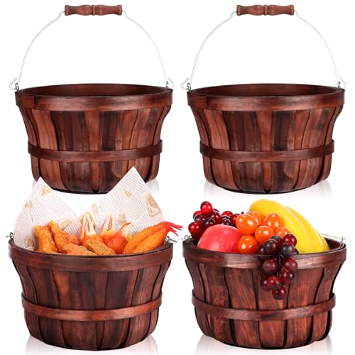 Weysat CHI-WEYSAT-1525 4 Pcs 6 Inch Tall By 9.5 Inch Diameter Round Wooden Baskets, Harvest Basket Garden Basket Food Service Display Baskets Wood Fruit Buckets cover