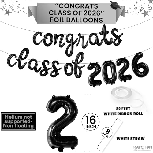 Image of KatchOn, Black Class of 2026 Balloons Banner - Script, 16 Inch | 2026 Balloons Graduation, Graduation Decorations 2026 | Class 2026 Decoration, Class of 2026 Sign