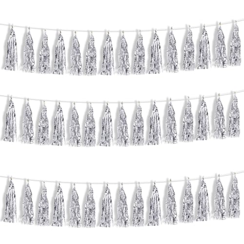 BEISHIDA 3 Packs Silver Metallic Foil Fringe Tassel Garland Pre-Strung Tassels Banner Streamers New Year Graduation Birthday Wedding Engagement Baby Shower Christmas Holiday Party Decoration 45pcs