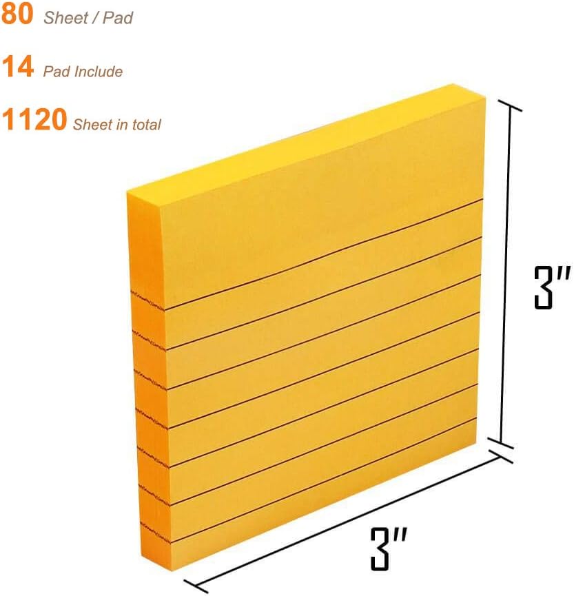 Sticky Note Pads 14 Pads Lined 3x3 inches Sticky Notes 7 Bright Colors Self-Stick Notes with Lines 80 Sheets/Pad Easy Post Individually Wrapped Red Pink Green White Yellow Orange Blue