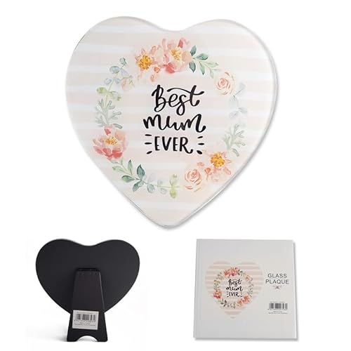 【2pcs】LYLAC HOMEWARE Best Mum Ever Glass Plaque, Heart Shaped with Floral Design, 15x15cm Decorative Display