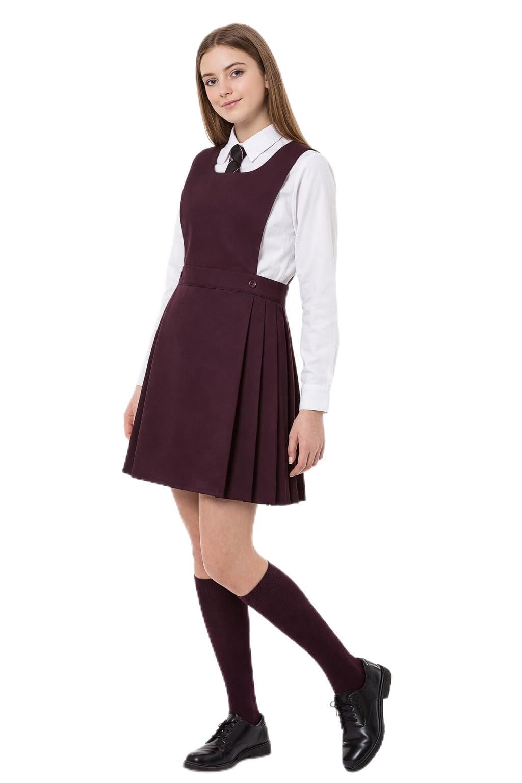 L S U Girls Wine/Maroon Bib Pinafore Pleated School Uniform School Dress (17-18, )