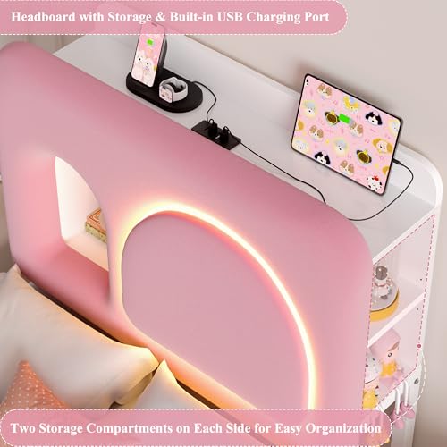 Image of Keyluv Twin Size LED Bed Frame for Girls with Storage Bookcase Headboard&Charging Station, Velvet Upholstered Platform Bed with Large Drawer &USB Ports, Sturdy Metal Support, No Box Spring Need, Pink