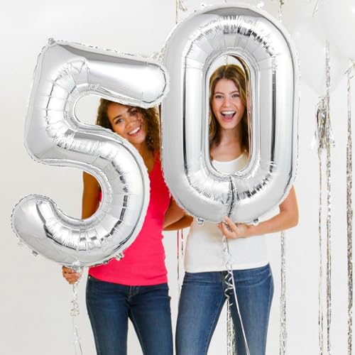 Image of Number Balloons Silver Party Balloon - Giant Number 50 Balloon, 40 Inch Large Balloon for 50th Birthday Decorations, Silver Party Supplies for Anniversary