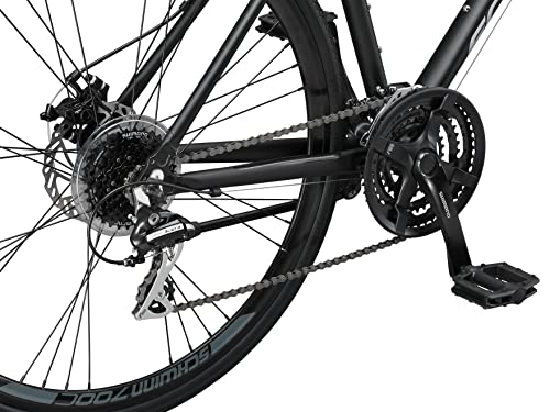 Schwinn Volare 1500 Flat Bar Hybrid Sports Road Bike, Men And Women, 24-Speed, 700C Wheels, 20-Inch Aluminum Frame, Mechanical Disc Brakes, Blue/Black #TOP7