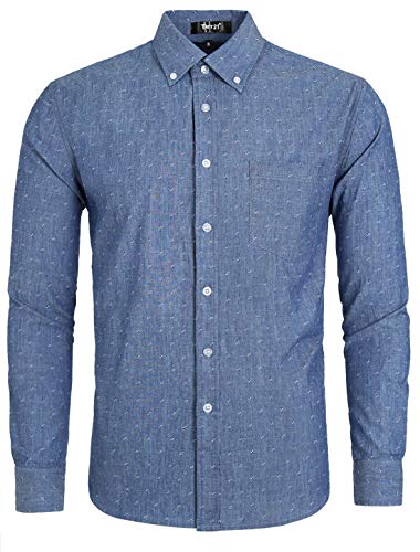 TATT 21 Men's Denim Shirt Pocket Weave Casual Cotton Long Sleeve Button Down Work Shirts Sky Blue Small