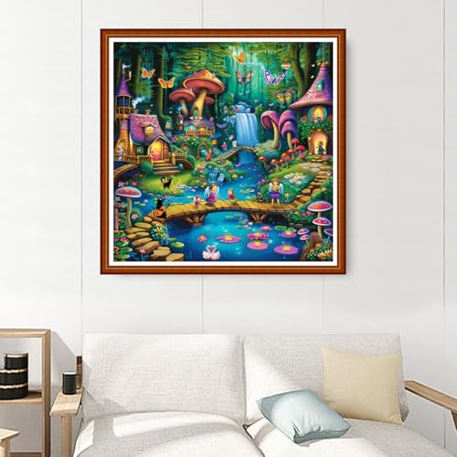 Image of Joyhoor Stamped Cross Stitch Kits for Beginners Needlepoint Kits for Adults Embroidery Kits 11CT Counted Cross Stitch Kits Printed Embroidery Pattern- Fairy Tale Home 18x18 inchs
