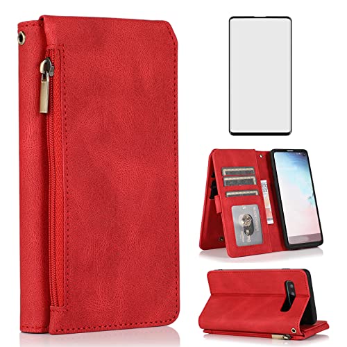 Compatible with Samsung Galaxy S10e Wallet Case Tempered Glass Screen Protector Zipper Leather Flip Cover Card Holder Stand Cell Accessories for Glaxay S 10e Gaxaly 10se Galaxies Se10 Women Men Red