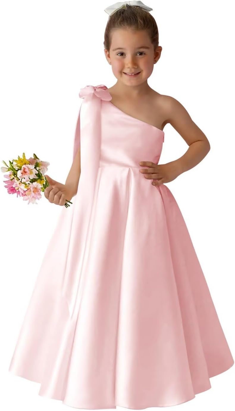 Cute One Shoulder Silk Satin Long Dress for Girls Bow-Knot Flower Girl Dresses for Wedding Birthday Formal