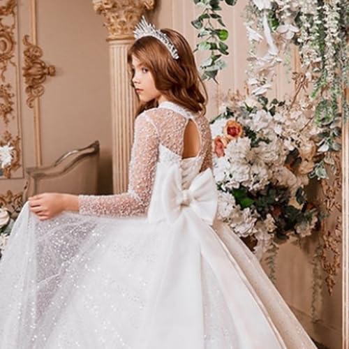 Lace Flower Girl Dress Long Sleeve Backless Big Girls Formal Long Bowknot Pageant Prom Wedding Tulle Dresses4