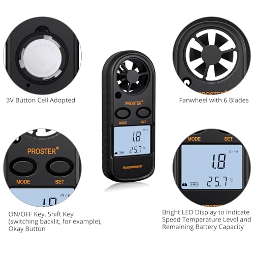 Proster Anemometer Digital LCD Wind Speed Meter Gauge Air Flow Velocity Measurement Thermometer with Backlight for RC Drones Helicopter Windsurfing Kite Flying Sailing Surfing Fishing Etc - Image 5