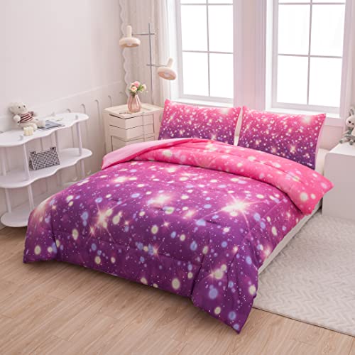 Ninenine Pink Purple Galaxy Twin Bedding Sets For Girls Kids, Space Star Glitter Comforter Set,Colorful Rainbow Purple Bed Set With 1 Comforter 1 Matching Pillowcase #TOP2