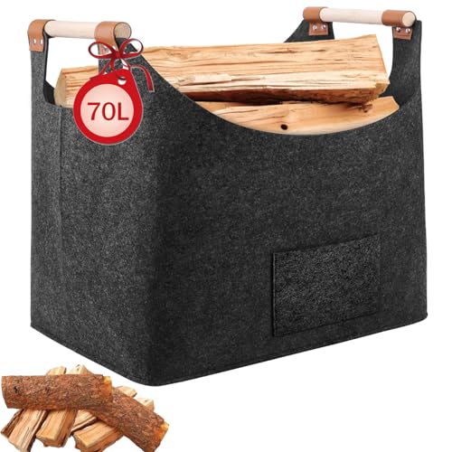 YQBFTC XXL Holzkorb für Kaminholz,70L Filzkorb,Groß Kaminholzkorb für Feuer,Brennholzkorb aus Extradickem Filz,Filztasche als Aufbewahrungskorb für Einkauf,Holz,Zeitung oder Brennholz(Dunkelgrau)