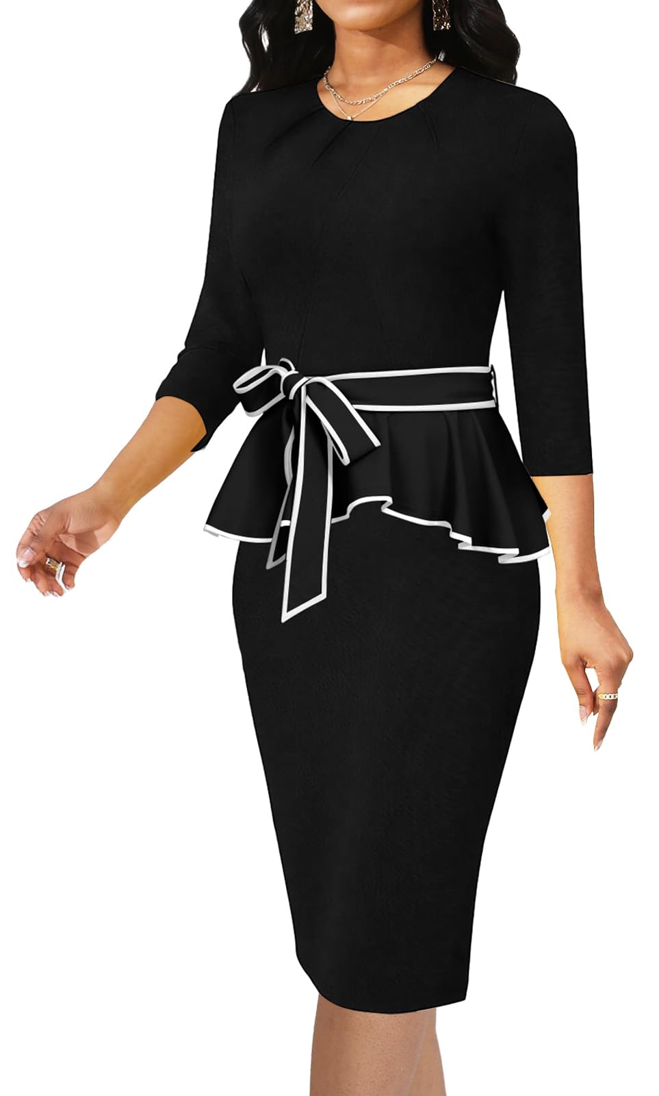 Womens Vintage Church Bodycon Pleated Crew Neck Work Midi Pencil Dress
