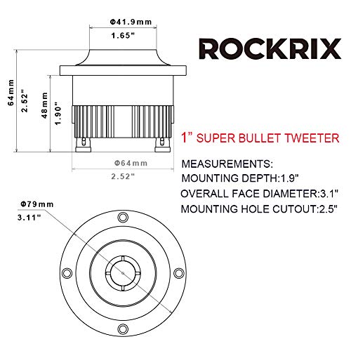 Rockrix 1-Inch Neodymium Super Bullet Tweeters, Aluminum Frame And Titanium Diaphragm, 200W Max, 4 Ohms, Built In Crossover-Pro Tweeters For Car Marine Home Theatre Audio - (1 Pcs) #TOP3