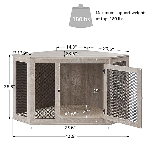 unipaws Furniture Style Corner Dog Crate for Small Medium Dogs, Indoor Aesthetic Puppy Kennel TV Stand, Modern Decorative Wood Pet House Dog Cage, Pretty Cute End Side Table Nightstand, Grey